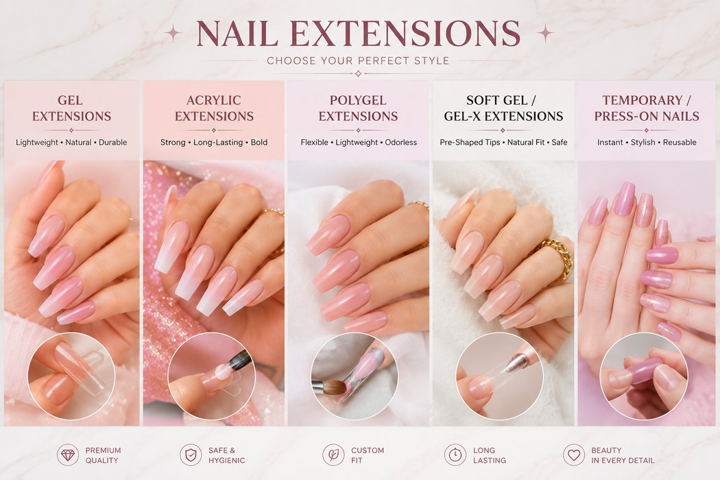 Nail extension types Chennai gel acrylic polygel press-on